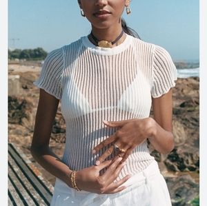 ZARA white sheer striped short sleeve top sz XL